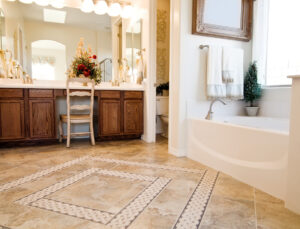 Modern luxury bathroom with vanity and standalone bathtub